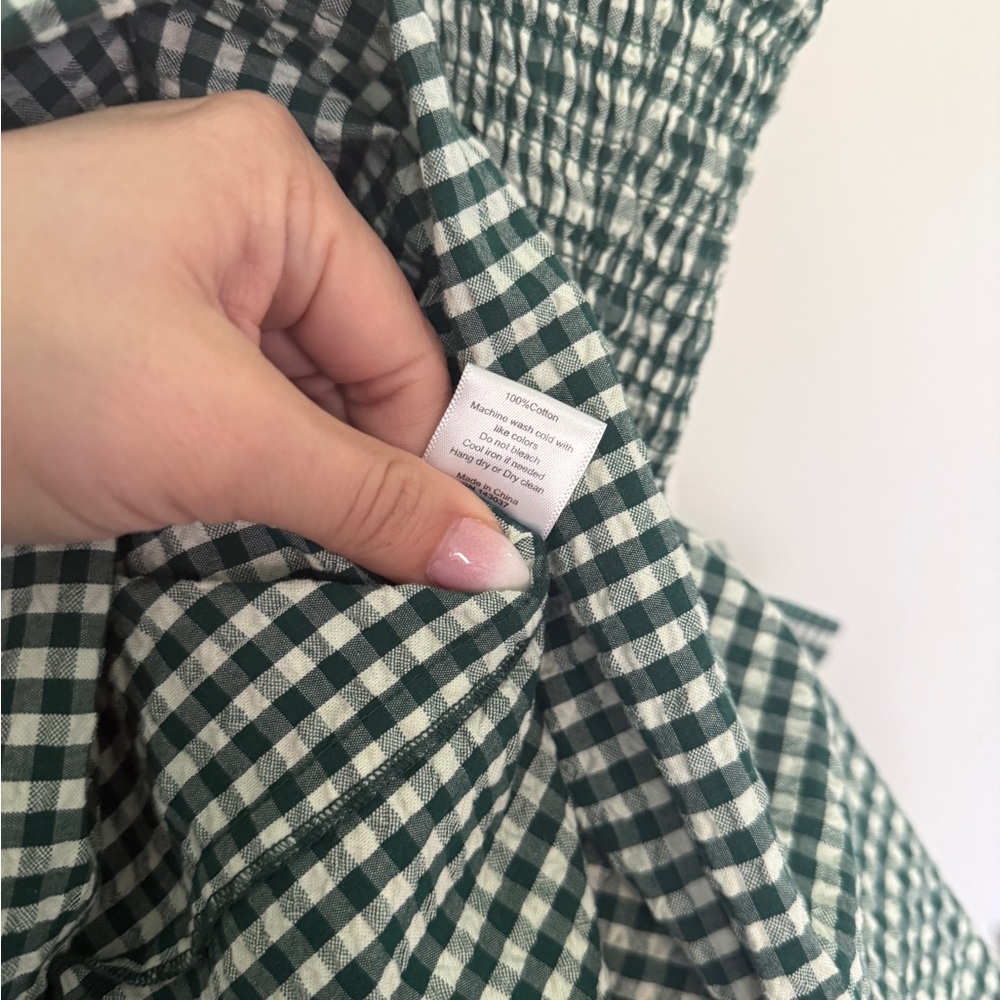 Hunter Bell Larissa Green White Gingham Midi Dress Smocked embroidered tie - Picture 7 of 8